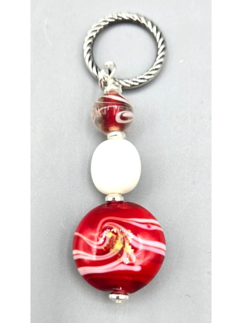 Handmade Red and White Small Seed Bead Kumihimo Necklace w/Lampwork Bead Pendant - Picture 6 of 6